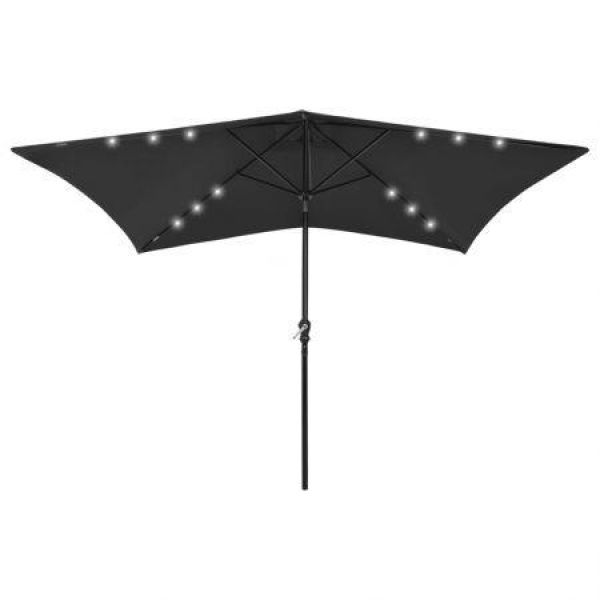 Parasol With LEDs And Steel Pole Black 2x3 M