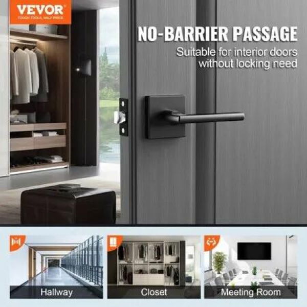 Passage Door Handle, 1 Pack Matte Black Door Lever, Left or Right Handing Reversible Lever Non-Locking, 45Â° Rotation to Open, Square Interior Door Handles for Hallways, Closets, Meeting Spaces