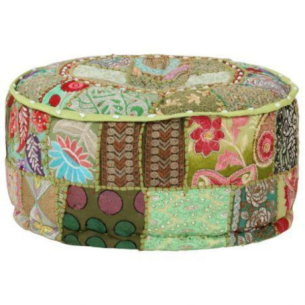 Patchwork Pouffe Round Cotton Handmade 40x20 Cm Green