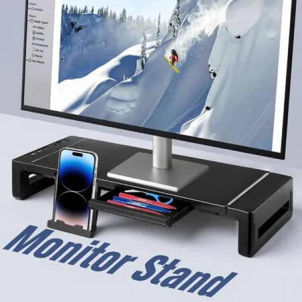 PC Monitor Laptop Stand Riser Office Computer Desk Tabletop Display Holder Length Adjustable Folding Phone Storage Drawer USB 3.0 2.0 Charging Station