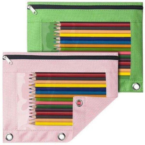 Pencil Pouch For 3-Ring Binder Binder Pencil Pouch With Clear Window Pencil Bags With Zipper & Reinforced Grommets Pencil Case For Binder (2-Pack Green & Pink)