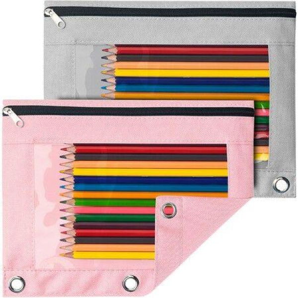 Pencil Pouch For 3-Ring Binder Binder Pencil Pouch With Clear Window Pencil Bags With Zipper & Reinforced Grommets Pencil Case For Binder (2-Pack Pink & Grey)