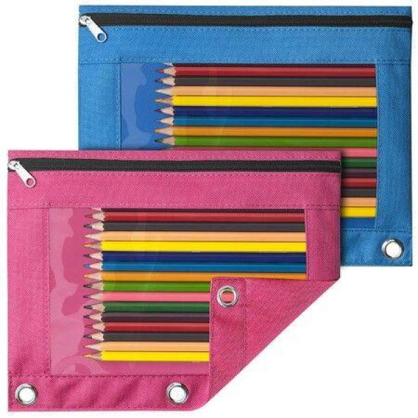 Pencil Pouch For 3-Ring Binder Binder Pencil Pouch With Clear Window Pencil Bags With Zipper & Reinforced Grommets Pencil Case For Binder (2-Pack Rose Red & Azure Blue)