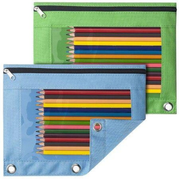 Pencil Pouch For 3-Ring Binder Binder Pencil Pouch With Clear Window Pencil Bags With Zipper & Reinforced Grommets Pencil Case For Binder (2-Pack Sky Blue & Green)