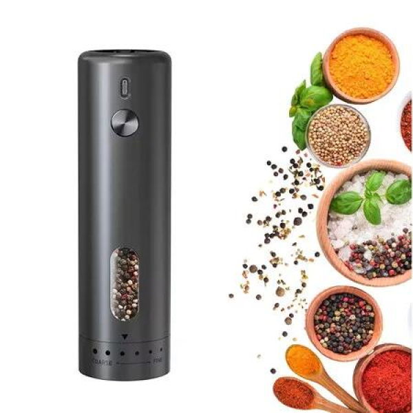 Pepper Grinder, Electric Salt and Pepper Mill Grinder, Adjustable Coarseness, Rechargeability with LED Light, One Hand Automatic Operation Black