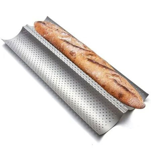 Perforated 2 Loaves Baguettes Bakery Tray,Nonstick Baguette Baking Pans for Perfectly Crisp French Bread(15' x 6.3',Silver)