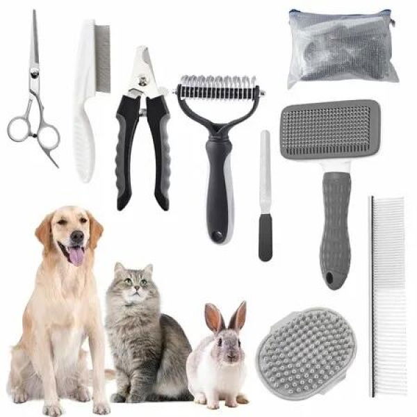 Pet Brush For Shedding Grooming,9 Pcs Pet Hair Brush Kit With Nail Clippers And File Brush Comb For All Small And Large Dogs,Cats Color Grey