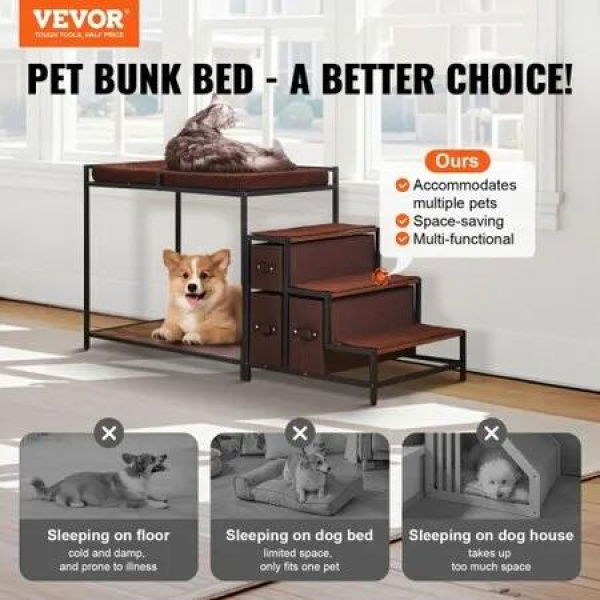 Pet Bunk Bed Dog/Cat Window Perch with Stairs Storage Medium Size