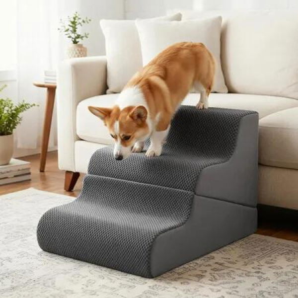 Pet Dog Stairs Memory Foam 2 in 1 Steps Ramp for Bed Sofa Couch High Density Puppy Doggy Kitten Ladder Indoor Portable Non Slip Washable Fabric Cover