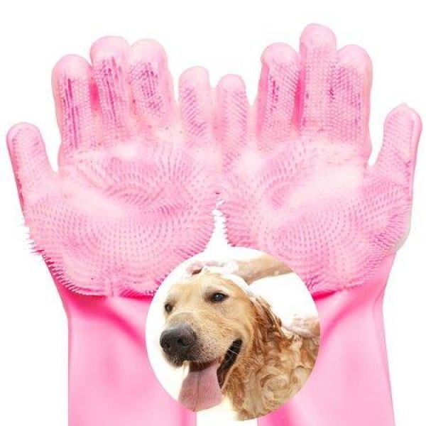 Pet Grooming Gloves Dog Bathing Shampoo Gloves Pet Hair Remover Brush For Cats & Dogs - Pink.