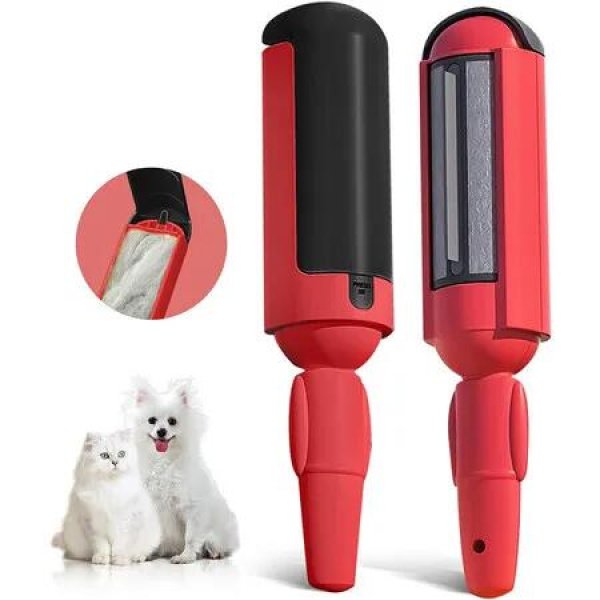 Pet Hair Remover Roller, Reusable Dog and Cat Hair Remover with Comfortable Non-Slip Handle, Portable Pet Hair Removal Tool with Base (Red),1 Pack