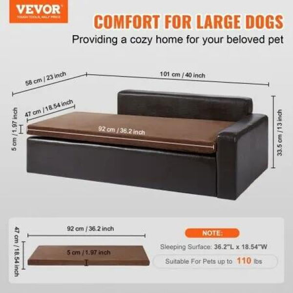 Pet Sofa, Dog Couch for Large-Sized Dogs and Cats, 40 x 23 x 13 inch, Soft Leather Dog Sofa Bed, 50 kg Loading Cat Sofa, Black