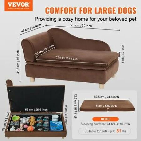 Pet Sofa, Dog Couch for Medium-Sized Dogs and Cats, 30x18x16 inch Soft Velvety Dog Sofa Bed, 37kg Loading Cat Sofa, Dark Brown