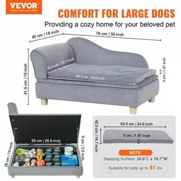 Pet Sofa, Dog Couch for Medium-Sized Dogs and Cats, 30x18x16 inch Soft Velvety Dog Sofa Bed, 37kg Loading Cat Sofa, Grey