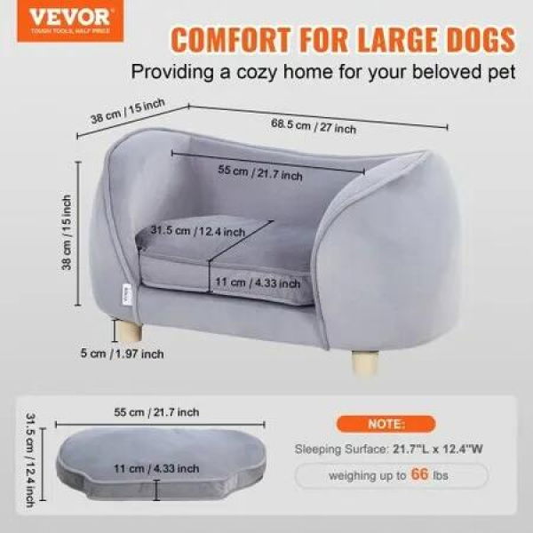 Pet Sofa, Dog Couch for Small Dogs and Cats, 27x15x15 inch Soft Velvety Dog Sofa Bed, 30 kg Loading Cat Sofa, Dark Grey