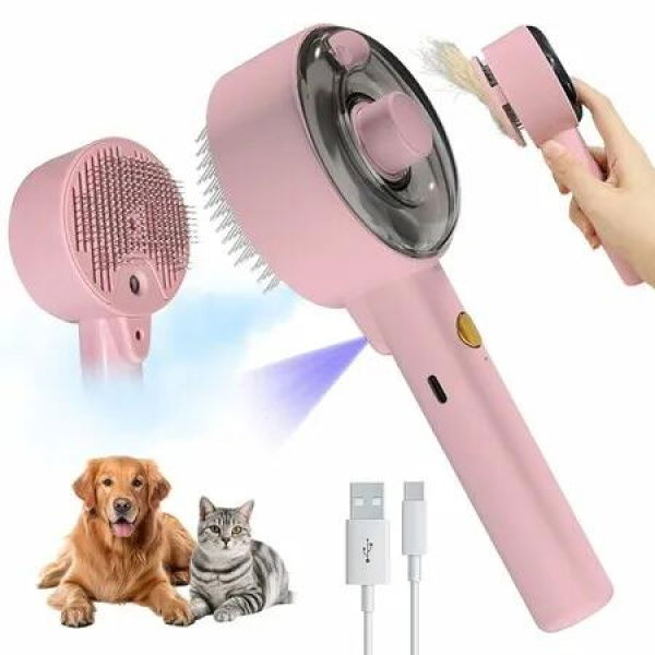 Pet Steam Slicker Brush With UV, Spray Dematting Brush for Shedding, Hair Remover With Release Button for Dogs, Cats (Pink)