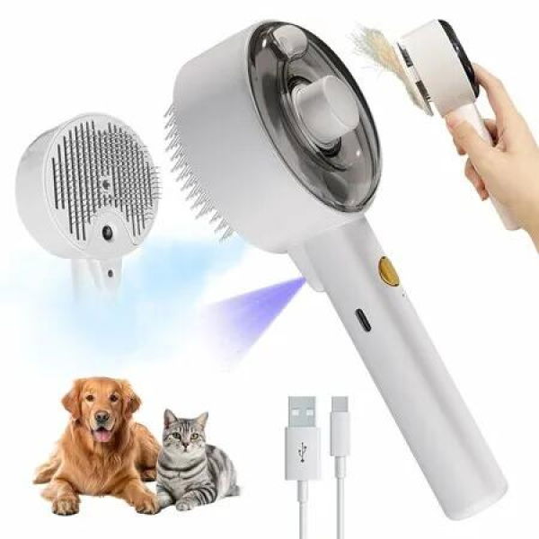 Pet Steam Slicker Brush With UV, Spray Dematting Brush for Shedding, Hair Remover With Release Button for Dogs, Cats (White)