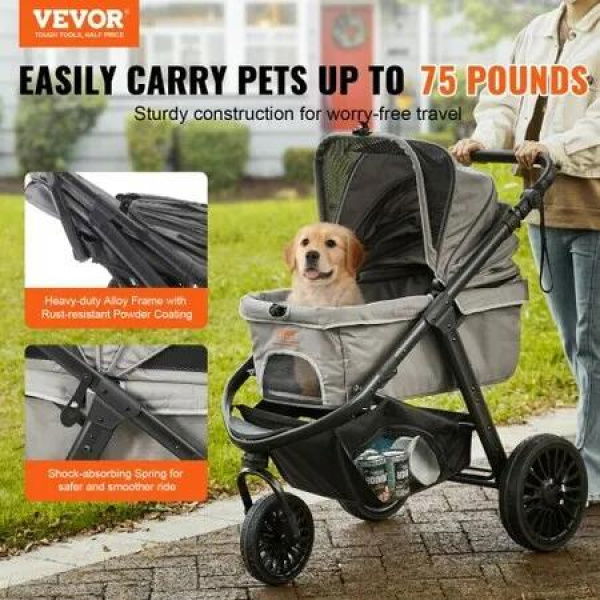 Pet Stroller, 3 PU Wheels Dog Stroller Rotate with Brakes, 75 lbs Weight Capacity, Puppy Stroller with Pet Pad, Storage Basket and External Cup Holder, for Small to Medium Sized Dogs, Grey