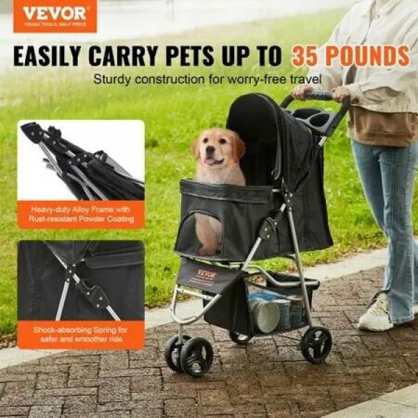 Pet Stroller, 3 Wheels Dog Stroller Rotate with Brakes, 35lbs Weight Capacity, Puppy Stroller with Front Pedal, Velcro, Storage Basket and Cup Holder, for Dogs and Cats Travel, Black