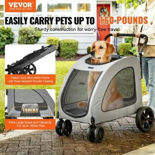 Pet Stroller, 4 Wheels Dog Stroller Rotate with Brakes, 160lbs Weight Capacity, Puppy Stroller with Breathable Mesh Windows and Height-Adjustable Height, for Medium and Large Dogs, Dark Grey