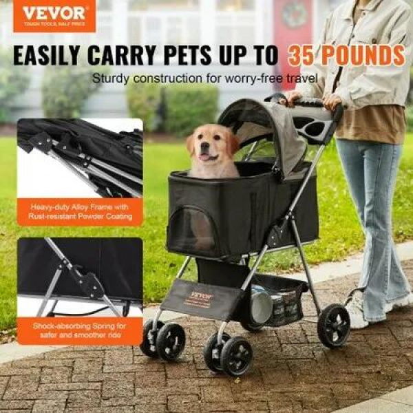 Pet Stroller, 4 Wheels Dog Stroller Rotate with Brakes, 35lbs Weight Capacity, Puppy Stroller with Detachable Carrier, Storage Basket and Cup Holder, for Dogs and Cats Travel, Black+Dark Grey