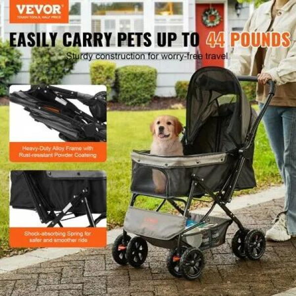 Pet Stroller, 4 Wheels Dog Stroller Rotate with Brakes, 44lbs Weight Capacity, Puppy Stroller with Reversible Handlebar, Storage Basket and Zipper, for Dogs and Cats Travel, Black+Grey