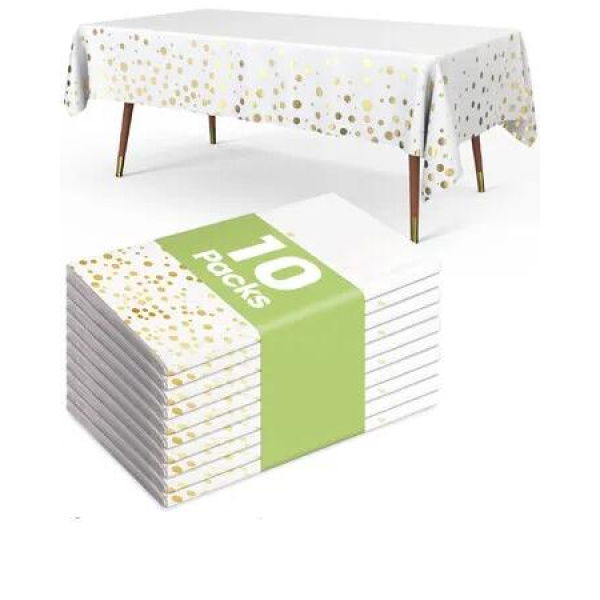 PEVA Tablecloth 10 Pack 137x274cm Disposable Leakproof Sturdy Rectangle 2025 Graduation Decorations Christmas Birthday Supply Party COL White Gold