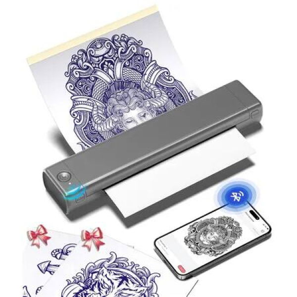 Phomemo M08F Wireless Tattoo Transfer Stencil Printer,Thermal Tattoo Machine with 10pcs Free Stencil Paper,Compatible with Smartphone PC Grey
