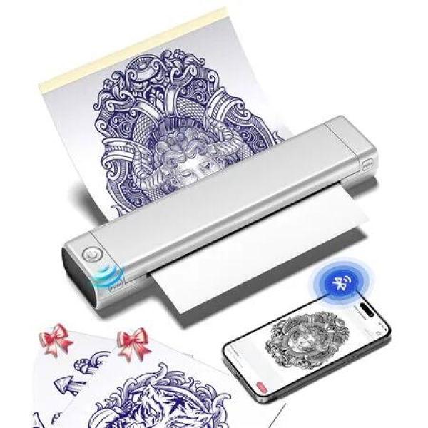 Phomemo M08F Wireless Tattoo Transfer Stencil Printer,Thermal Tattoo Machine with 10pcs Free Stencil Paper,Compatible with Smartphone PC Silver