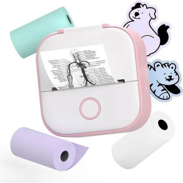 Phomemo T02 Sticker Printer, Inkless Printer Mini Printer Sticker Maker Bluetooth Thermal Pocket Printer for Study Notes, Stickers, Photos, DIY Printing, with 3 Rolls Paper, Pink