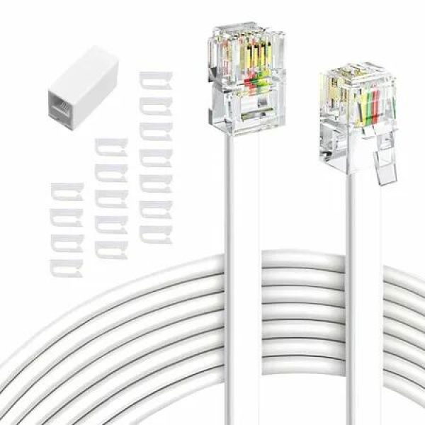 Phone Extension Cord 4.65M 15 Ft 1pcs,Telephone Cable with Standard RJ11 Plug and 1 in-Line Couplers and 20 Cable Clip Holders,White