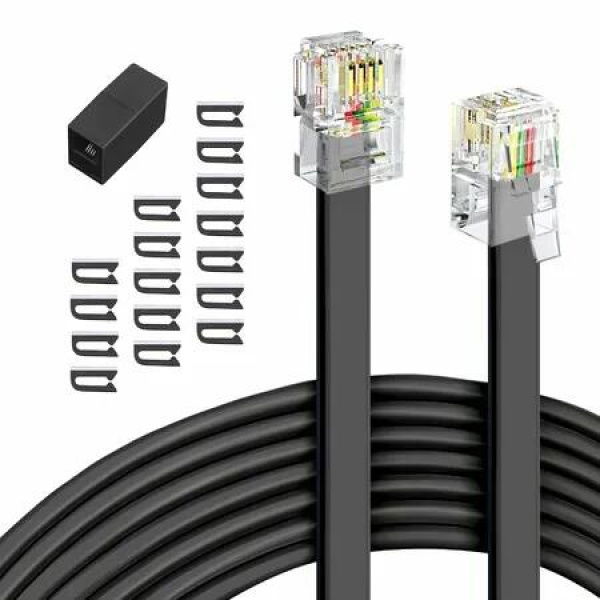 Phone Extension Cord 7.6M 25Ft 1pcs,Telephone Cable with Standard RJ11 Plug and 1 in-Line Couplers and 20 Cable Clip Holders,Black