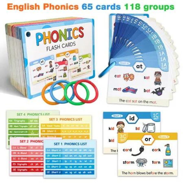 Phonics Flash Cards Educational Spelling Study Activity, Word Builder Games, Letter Sound for Elementary Homescool