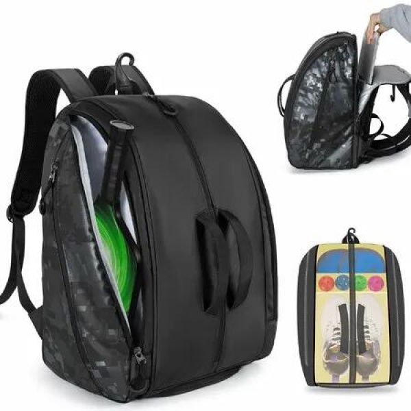 Pickleball Bag Fits 4 Paddles,Pickleball Backpack with Laptop Pocket,Shoe Compartment and Fence Hook(Black)
