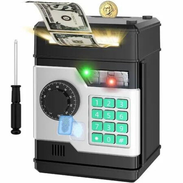 Piggy Bank,Automatic Electronic Piggy Bank for Kids Boys Girls with Password and Fingerprint Unlocking Simulation,Money Bank Kids Safe Toys Age3+ (Black)