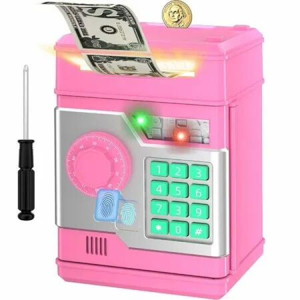 Piggy Bank,Automatic Electronic Piggy Bank for Kids Boys Girls with Password and Fingerprint Unlocking Simulation,Money Bank Kids Safe Toys Age3+ (Pink)