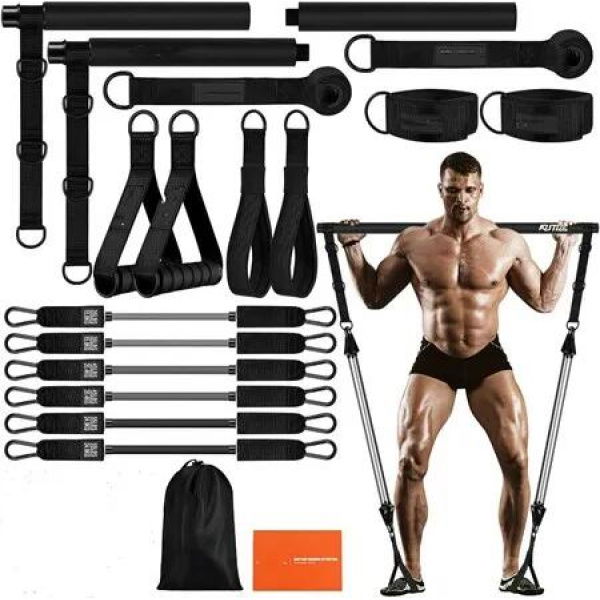 Pilates Bar Kit with Resistance Bands,Heavy Duty Pilates Equipment for Men,Training Bands with Handles for Legs,Shoulders,Portable Workout Equipment,Black