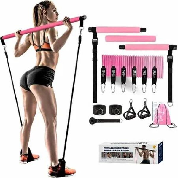 Pilates Equipment Training Equipment For Home With Resistance Bands Multifunctional Pilates Bar For Women,Home Training,Yoga,Pilates Color Pink