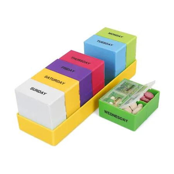 Pill Organizer Weekly 4 Times A Day Large 7 Days Portable Travel Box Removable Container Daily Vitamins Fish Oil Supplements Medication Dispenser Yellow