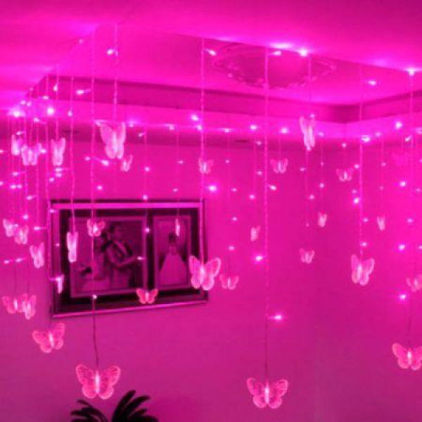 Pink 16 Butterfly 104 LED Curtain String Fairy Light 2x1m Xmas Party