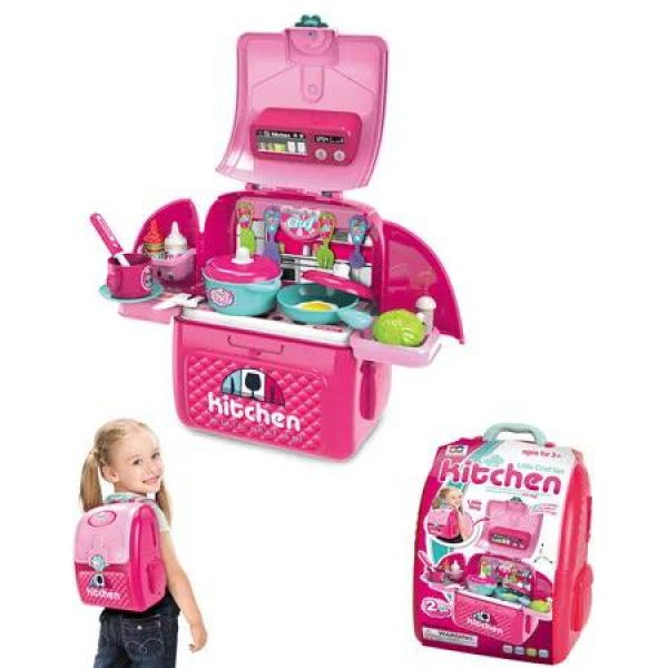 Pink 2 In 1 Portable Backpack Kitchen Pretend Play Set With Cooking Utensils Pots Fruits And Vegetables Skill-Building Role Playing Game