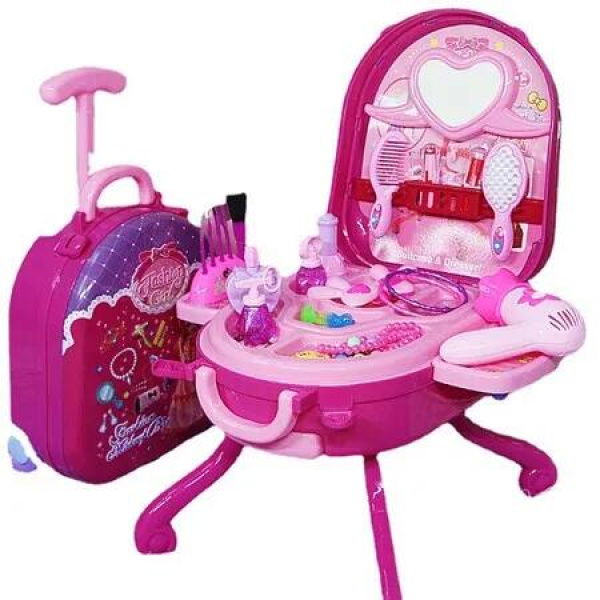 Pink 2 in 1 Toddler Girls Makeup Table and Suitcase Toy Set Fashion Accessories Pretend Play Travel Beauty Set