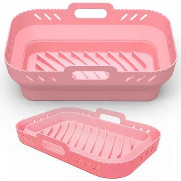 Pink 2 Pack Foldable DualZone Air Fryer Silicone Baking Tray Rectangular Basket Suitable For Ninja DZ201DZ302