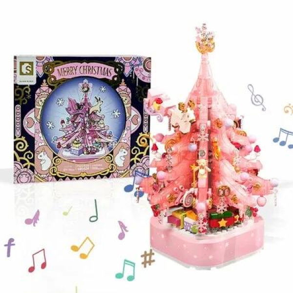 Pink Crystal Christmas Tree Building Block Set Music Box with LED Light Rotating Xmas Bricks Toy for Girls Ages 6+ Musical Blocks Toy