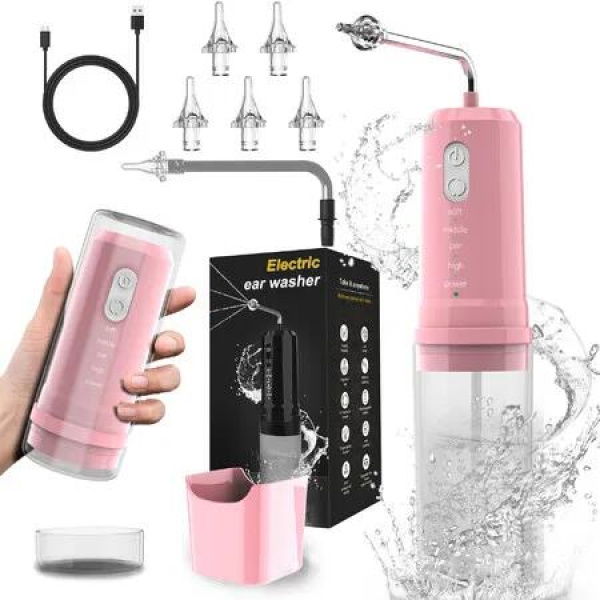 Pink Electric Ear Cleaner Rechargeable Portable Earwax Cleaner 250 Uses Large Battery 10Sec Water Tank Dual Use