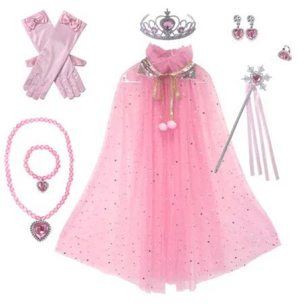 Pink Frozen Princess Set Hand Necklace Crown Sequin Cloak Veil Perfect Dress Up