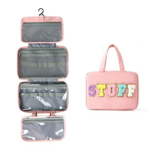Pink Large Capacity Cosmetic Four Foldable Bag Hand Carried Foldable Wet Dry Portable Hanging Toiletries