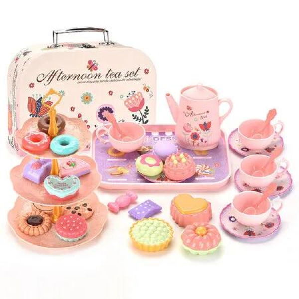 Pink Theme Tea Party Set Princess Tea Time Toys with Dessert and Carrying Case Pretend Play for Kids Gift