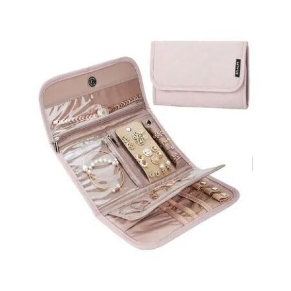 Pink Tri Fold Travel Jewelry Storage Box Foldable Roll For Earrings Necklaces Rings