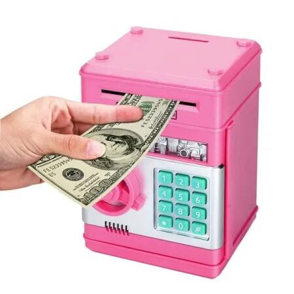 (Pink)Electronic Password Piggy Bank Cash Coin Can Auto Scroll Paper Money Saving Box Toy for 6 7 8 9 10 11 12 Years Old Kids Gifts